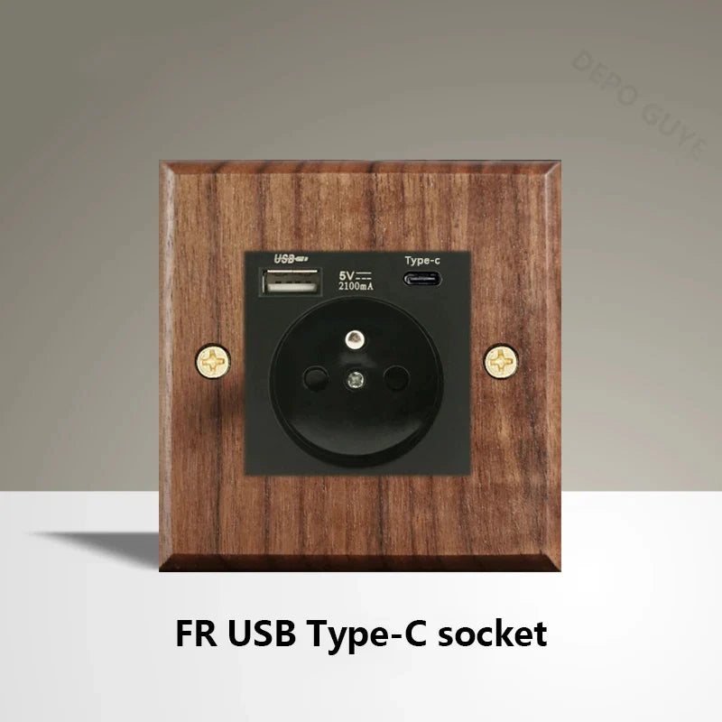 Black Walnut Wood Toggle Light Switch,Home Retro Brass Panel,Fr UK Universal Double USB Wall Electrical Socket Vintage Switch