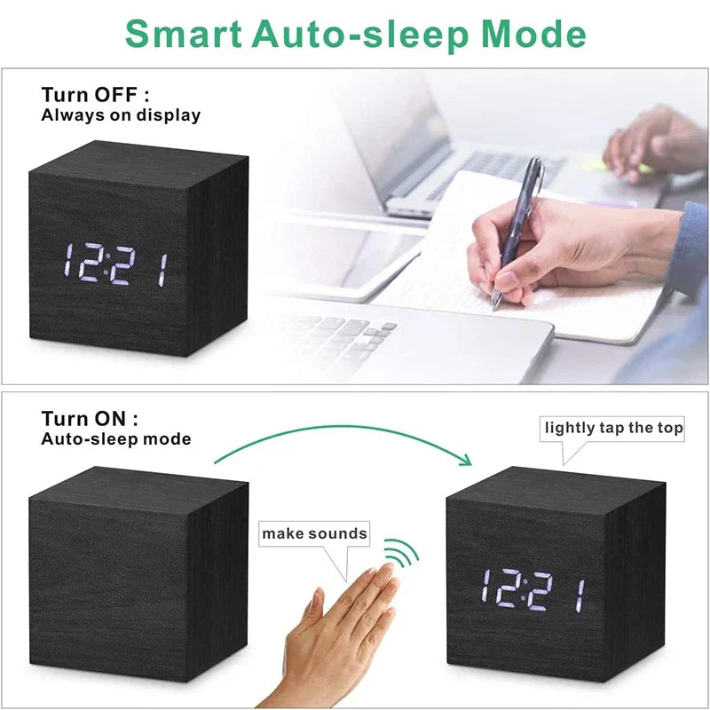 Digital Alarm Clock, with Wooden Electronic LED Time Display, 3 Alarm Settings,Temperature Detect, 2.5 Inch Cubic Small Mini Wood Made Electric Clocks