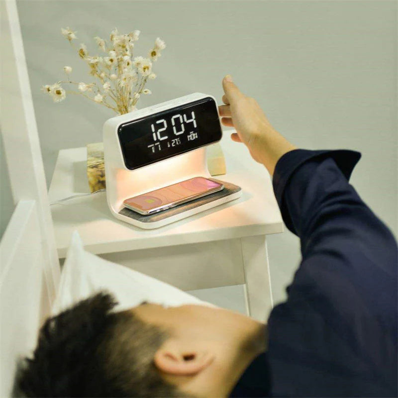 Multifunction Alarm Clock — Wireless Charger & LED Night Lamp
