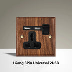 Black Walnut Wood Toggle Light Switch,Home Retro Brass Panel,Fr UK Universal Double USB Wall Electrical Socket Vintage Switch