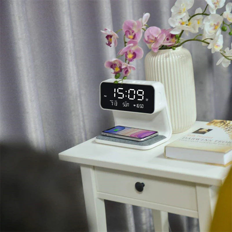 Multifunction Alarm Clock — Wireless Charger & LED Night Lamp