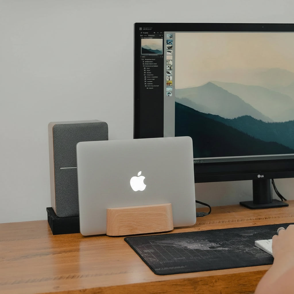 Adjustable Vertical Laptop Stand for Desk, Wooden Laptop Holder, Macbook Pro Stand, Wood Mac Air Dock (Solid Walnut)