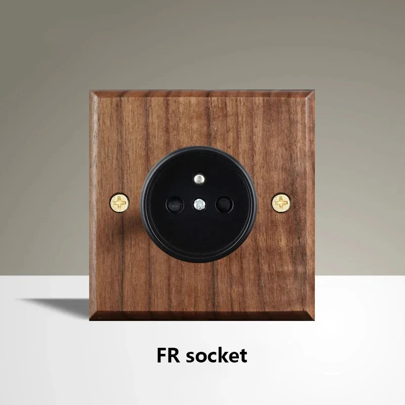 Black Walnut Wood Toggle Light Switch,Home Retro Brass Panel,Fr UK Universal Double USB Wall Electrical Socket Vintage Switch