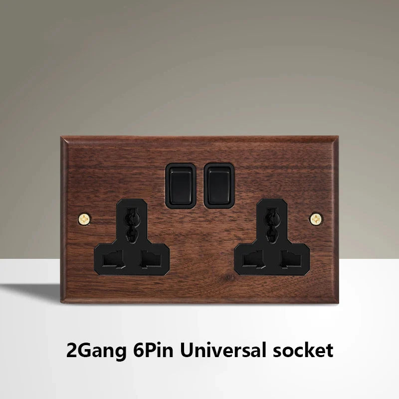 Black Walnut Wood Toggle Light Switch,Home Retro Brass Panel,Fr UK Universal Double USB Wall Electrical Socket Vintage Switch
