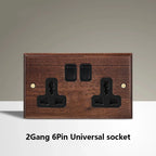 Black Walnut Wood Toggle Light Switch,Home Retro Brass Panel,Fr UK Universal Double USB Wall Electrical Socket Vintage Switch