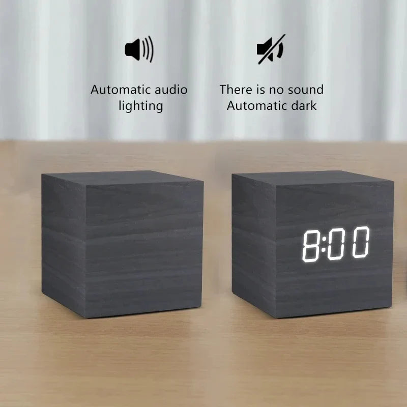 Digital Alarm Clock, with Wooden Electronic LED Time Display, 3 Alarm Settings,Temperature Detect, 2.5 Inch Cubic Small Mini Wood Made Electric Clocks