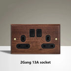 Black Walnut Wood Toggle Light Switch,Home Retro Brass Panel,Fr UK Universal Double USB Wall Electrical Socket Vintage Switch