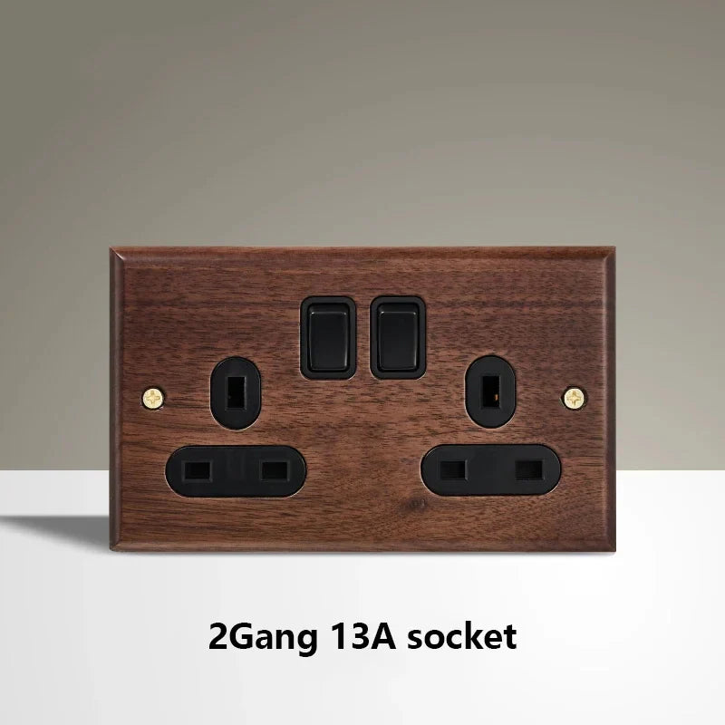 Black Walnut Wood Toggle Light Switch,Home Retro Brass Panel,Fr UK Universal Double USB Wall Electrical Socket Vintage Switch