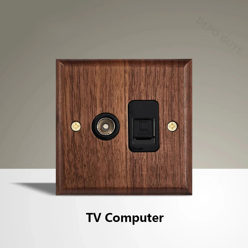 Black Walnut Wood Toggle Light Switch,Home Retro Brass Panel,Fr UK Universal Double USB Wall Electrical Socket Vintage Switch