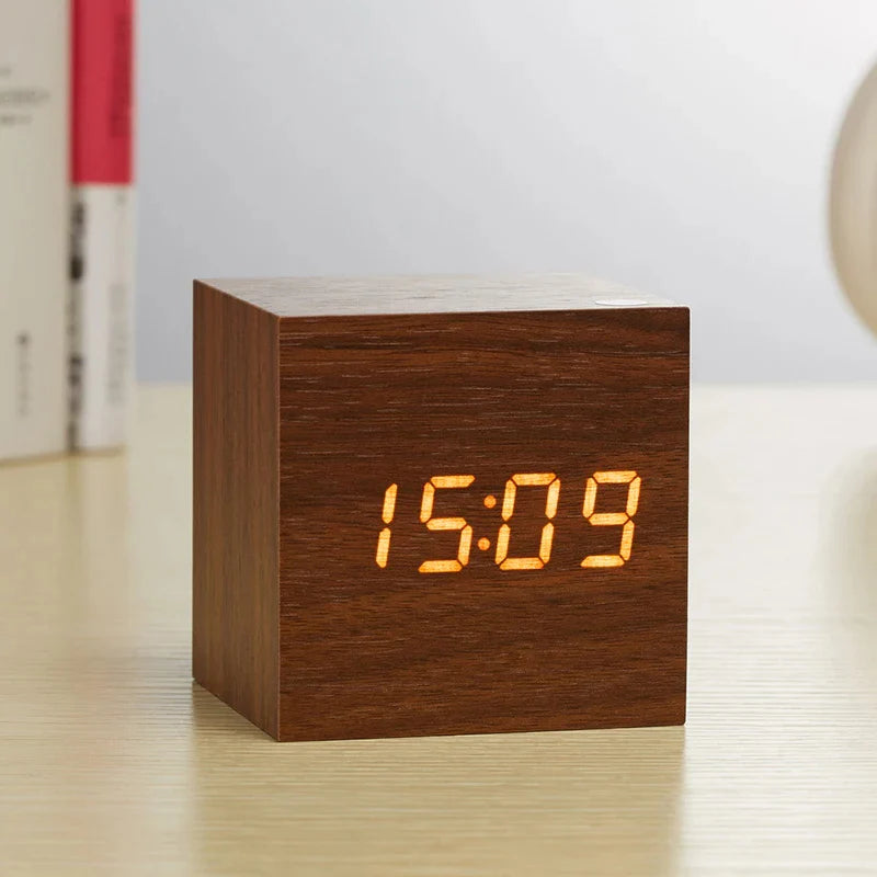 Digital Alarm Clock, with Wooden Electronic LED Time Display, 3 Alarm Settings,Temperature Detect, 2.5 Inch Cubic Small Mini Wood Made Electric Clocks