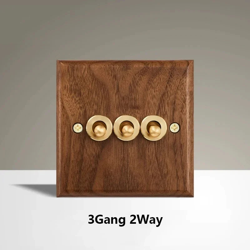 Black Walnut Wood Toggle Light Switch,Home Retro Brass Panel,Fr UK Universal Double USB Wall Electrical Socket Vintage Switch