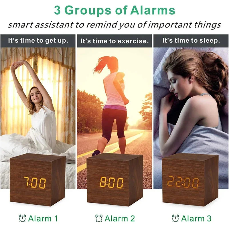 Digital Alarm Clock, with Wooden Electronic LED Time Display, 3 Alarm Settings,Temperature Detect, 2.5 Inch Cubic Small Mini Wood Made Electric Clocks