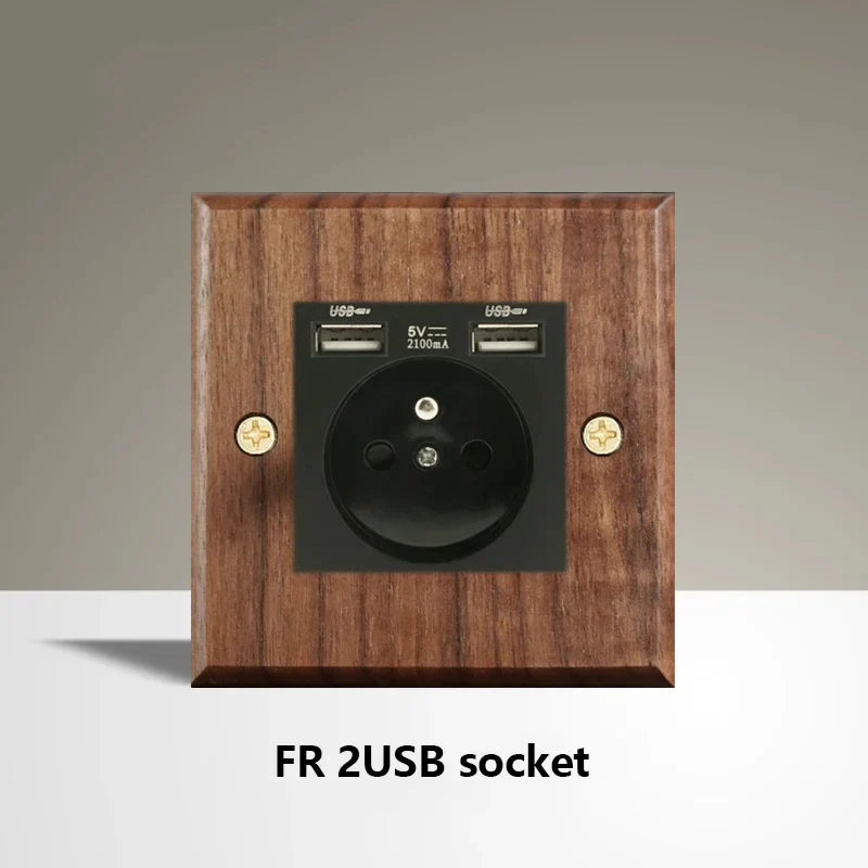Black Walnut Wood Toggle Light Switch,Home Retro Brass Panel,Fr UK Universal Double USB Wall Electrical Socket Vintage Switch