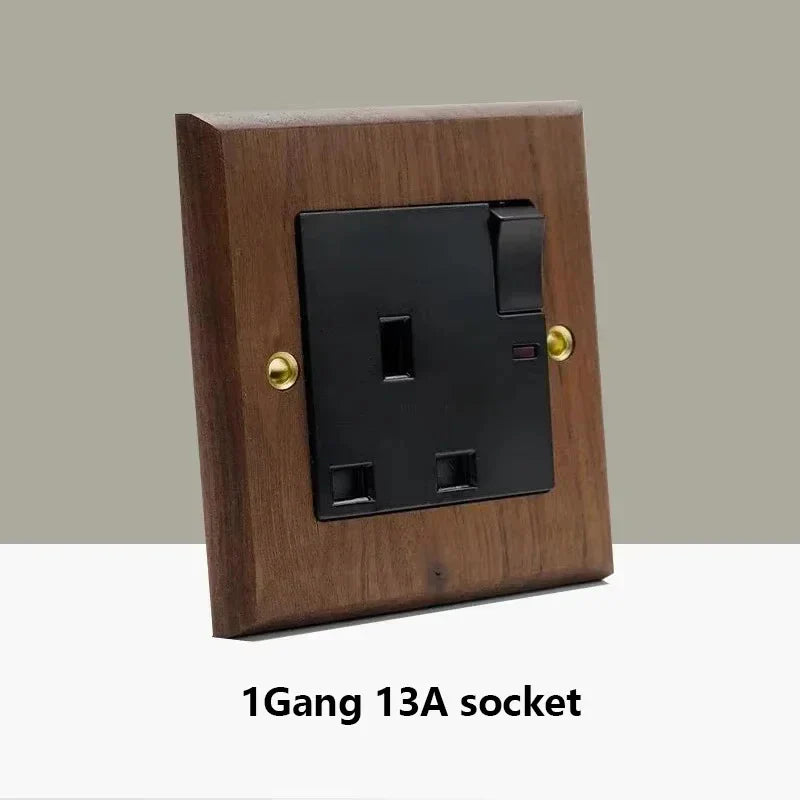 Black Walnut Wood Toggle Light Switch,Home Retro Brass Panel,Fr UK Universal Double USB Wall Electrical Socket Vintage Switch
