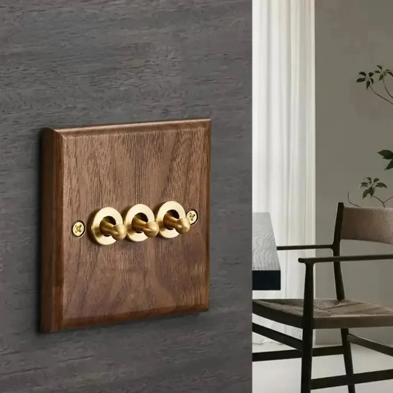 Black Walnut Wood Toggle Light Switch,Home Retro Brass Panel,Fr UK Universal Double USB Wall Electrical Socket Vintage Switch