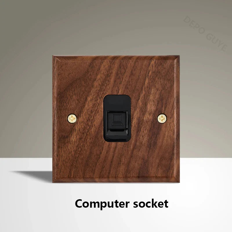 Black Walnut Wood Toggle Light Switch,Home Retro Brass Panel,Fr UK Universal Double USB Wall Electrical Socket Vintage Switch