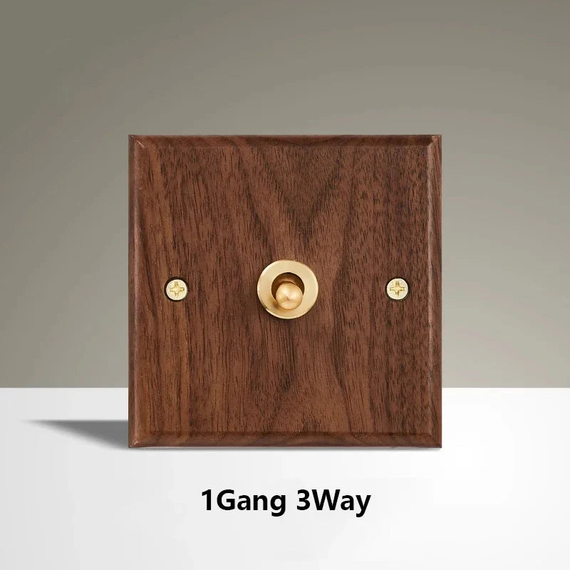 Black Walnut Wood Toggle Light Switch,Home Retro Brass Panel,Fr UK Universal Double USB Wall Electrical Socket Vintage Switch