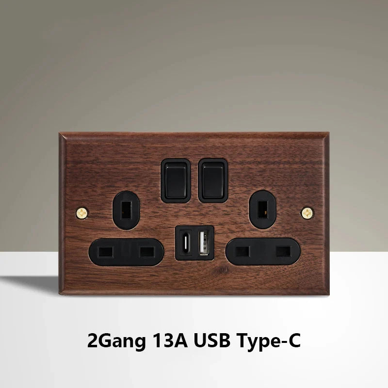 Black Walnut Wood Toggle Light Switch,Home Retro Brass Panel,Fr UK Universal Double USB Wall Electrical Socket Vintage Switch