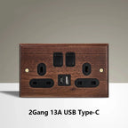 Black Walnut Wood Toggle Light Switch,Home Retro Brass Panel,Fr UK Universal Double USB Wall Electrical Socket Vintage Switch