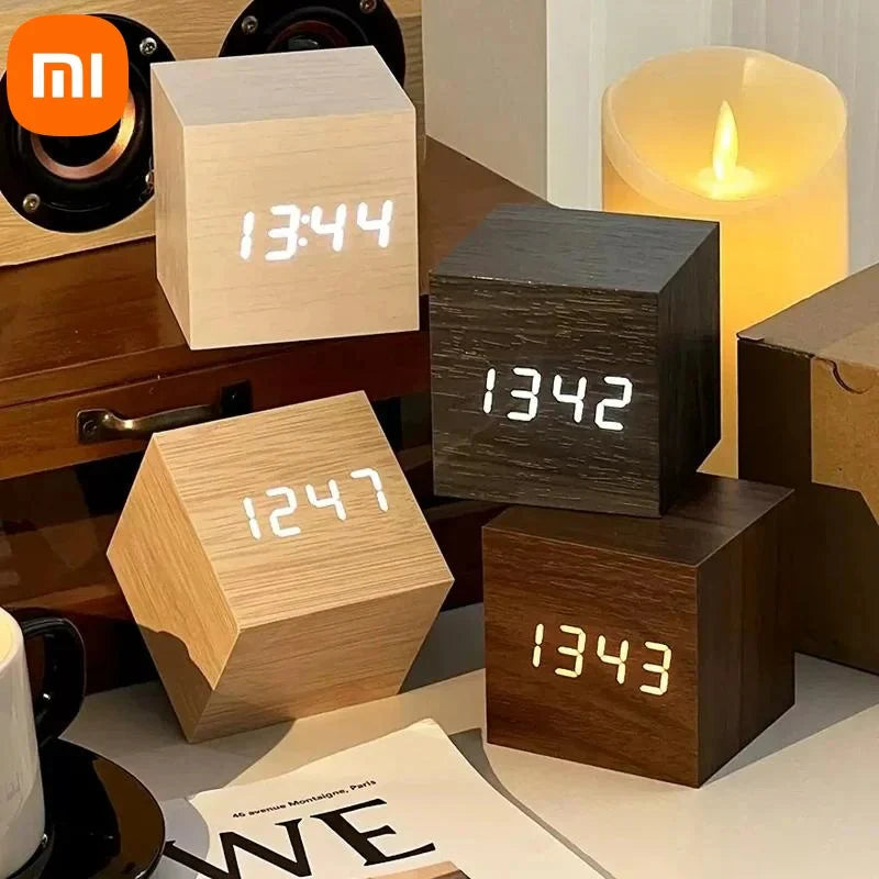 Digital Alarm Clock, with Wooden Electronic LED Time Display, 3 Alarm Settings,Temperature Detect, 2.5 Inch Cubic Small Mini Wood Made Electric Clocks