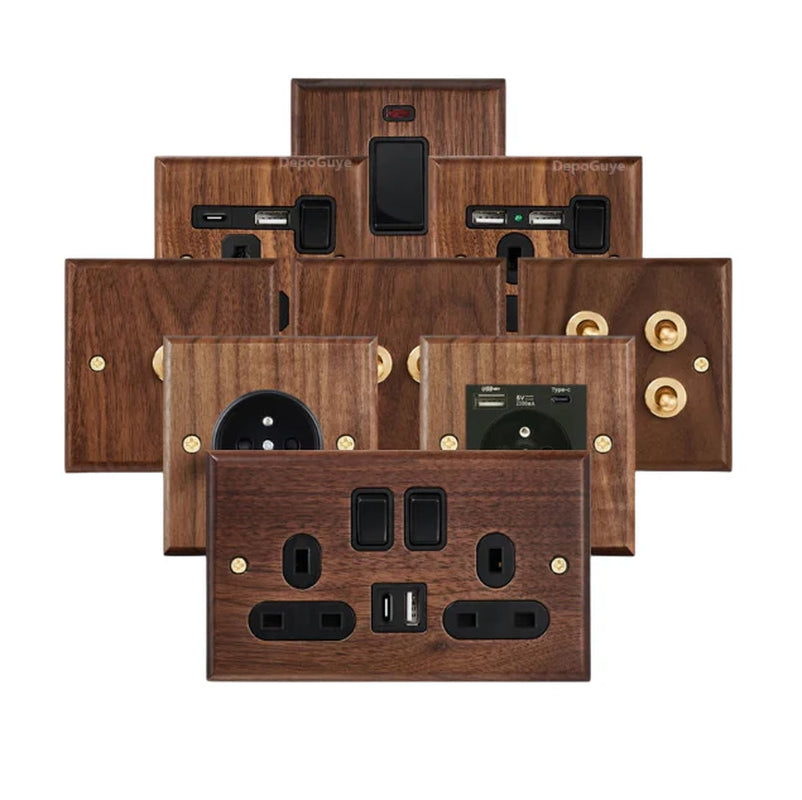 Black Walnut Wood Toggle Light Switch,Home Retro Brass Panel,Fr UK Universal Double USB Wall Electrical Socket Vintage Switch