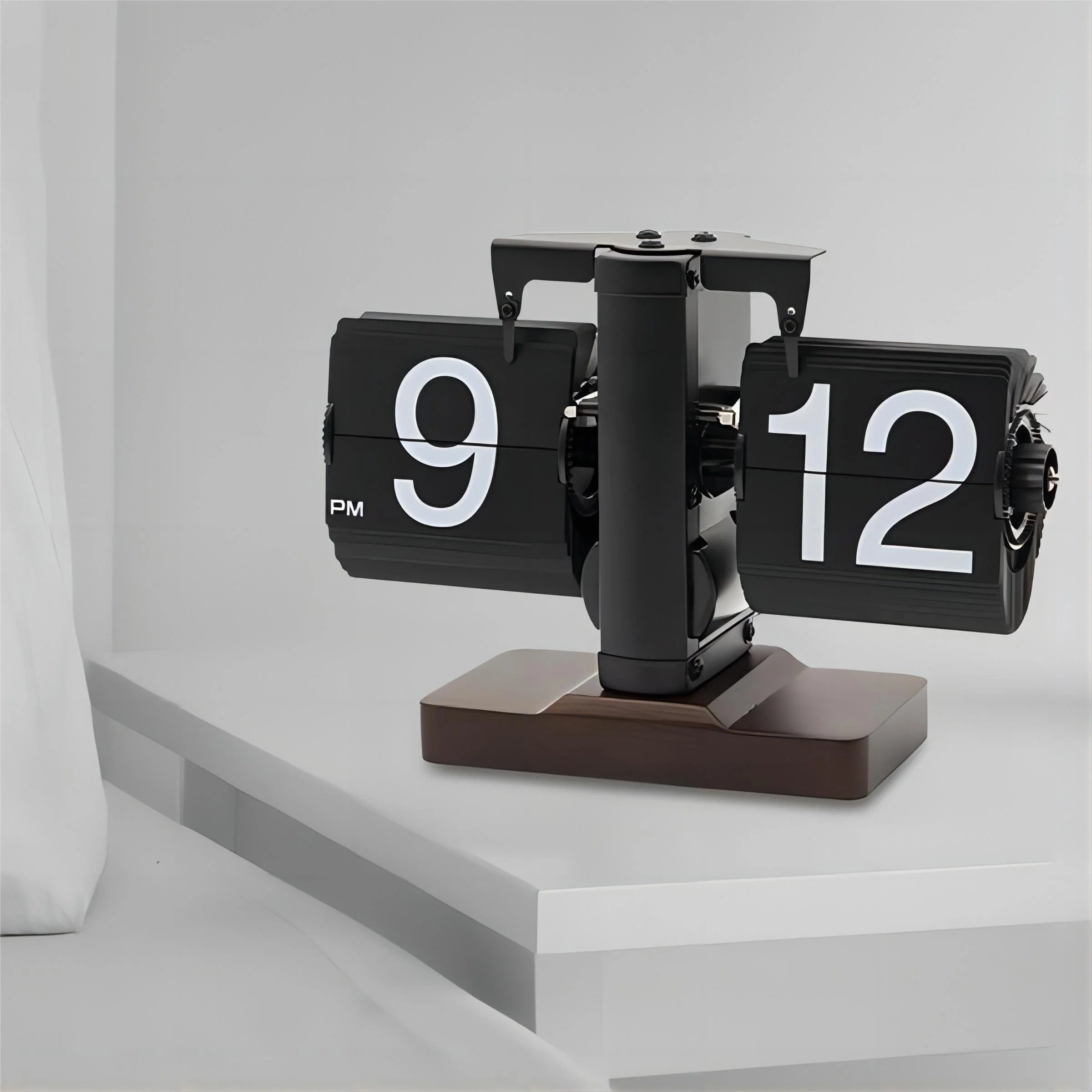 Retro Digital Flip Desk Clock, Vintage & Silent, Walnut Wood Base, Home/Office Decor(No Battery Included)-Black