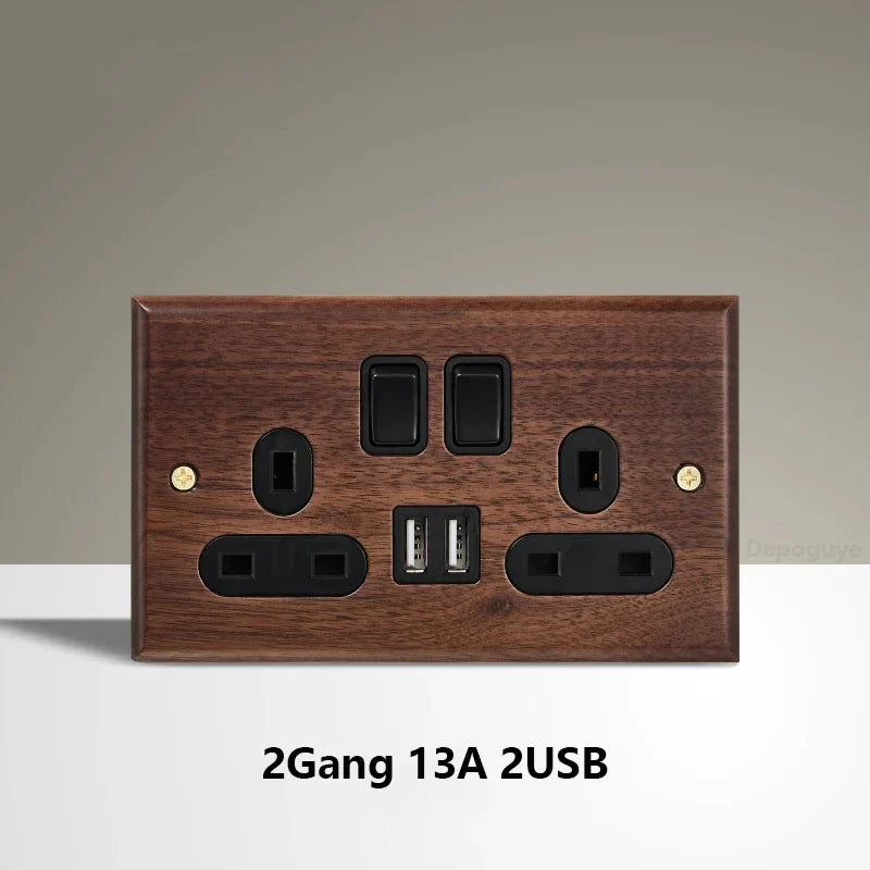 Black Walnut Wood Toggle Light Switch,Home Retro Brass Panel,Fr UK Universal Double USB Wall Electrical Socket Vintage Switch