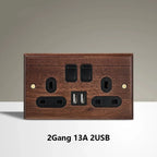 Black Walnut Wood Toggle Light Switch,Home Retro Brass Panel,Fr UK Universal Double USB Wall Electrical Socket Vintage Switch