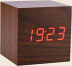 Digital Alarm Clock, with Wooden Electronic LED Time Display, 3 Alarm Settings,Temperature Detect, 2.5 Inch Cubic Small Mini Wood Made Electric Clocks