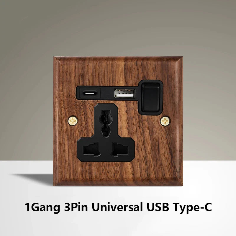 Black Walnut Wood Toggle Light Switch,Home Retro Brass Panel,Fr UK Universal Double USB Wall Electrical Socket Vintage Switch